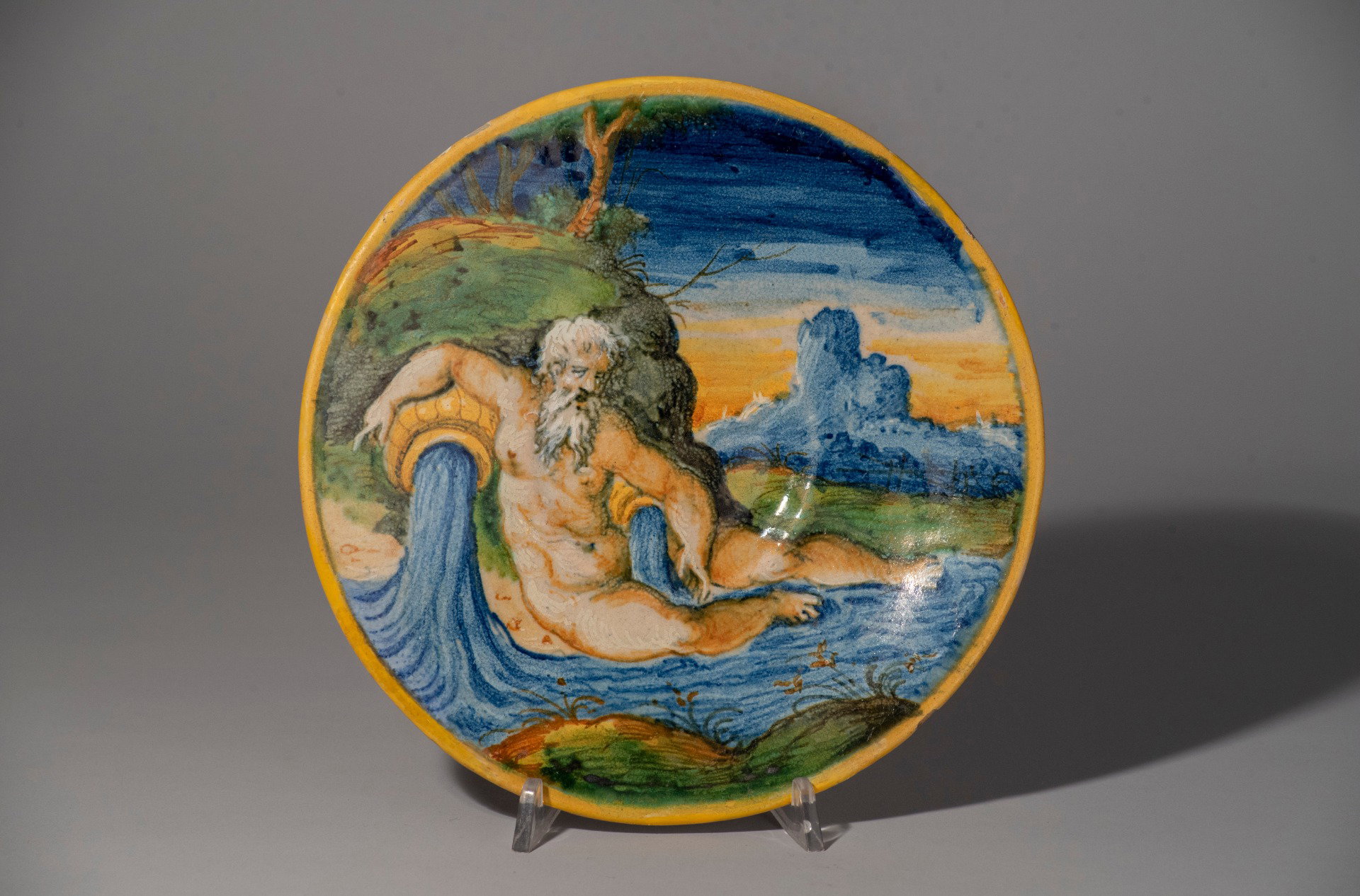 Werkstatt von Mastro Domenico, Venedig, um 1550, Historienplatte mit Allegorie eines Flusses. Polychrome Majolika.